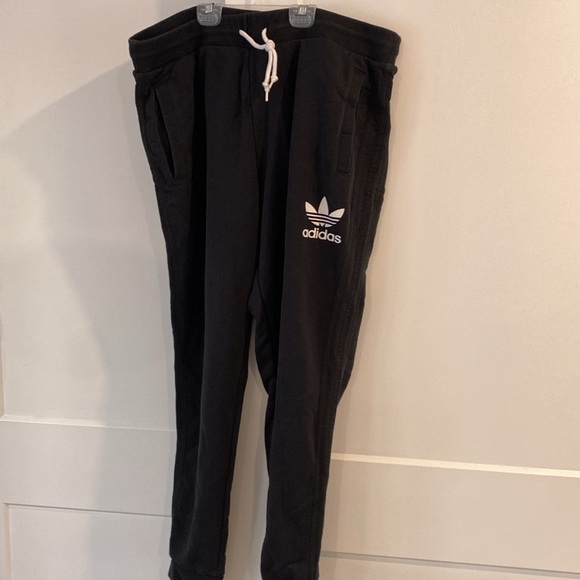 ADIDAS black French terry sweatpants joggers white logo XXL pants - Picture 2 of 5